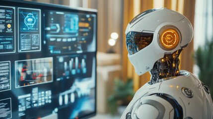 futuristic AI powered robotic assistant with sleek design is analyzing data on high tech digital interface in modern, well lit workspace