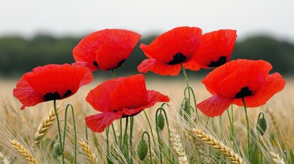 Obraz premium A cluster of vibrant red poppies amidst golden wheat fields.