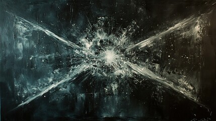 Abstract cosmic explosion painting, dark teal, white streaks.