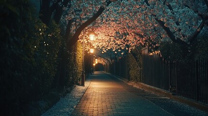 Obraz premium Evening Stroll Under Blossoming Trees with Soft Ambient Lighting