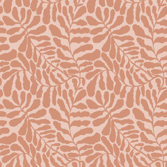 Abstract seamless pattern with leaves palm in Matisse style. Vector hand drawn print with scandinavian cut out elements. Vector endless illustration for paper, cover, fabric, interior decor.