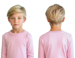  A young boy with blonde hair wearing a pink long-sleeved t-shirt, shown from the front and back, against a solid color transparent background 