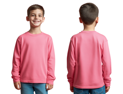 Cute young boy wearing a pink long-sleeved T-shirt, front and back view, solid color transparent background