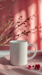 White Coffee Mug with Soft Pink Background and Decorative Elements