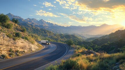 Fototapeta premium Scenic Mountain Road during Sunrise with Truck and Dramatic Sky