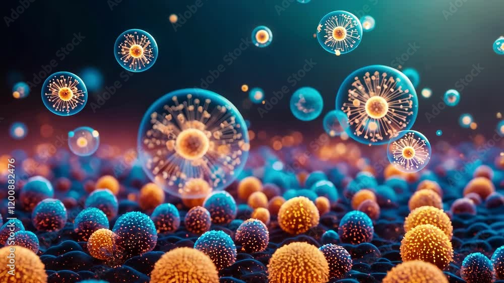 Poster colorful microscopic particles and bubbles illustrate biological systems with dynamic movement and v