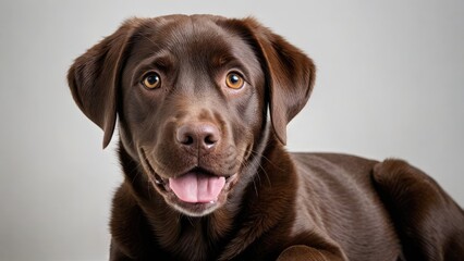 Portrait of Chocolate labrador retriever dog on grey background