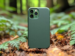 Green Smartphone Case on Forest Floor with Ferns and Leaves