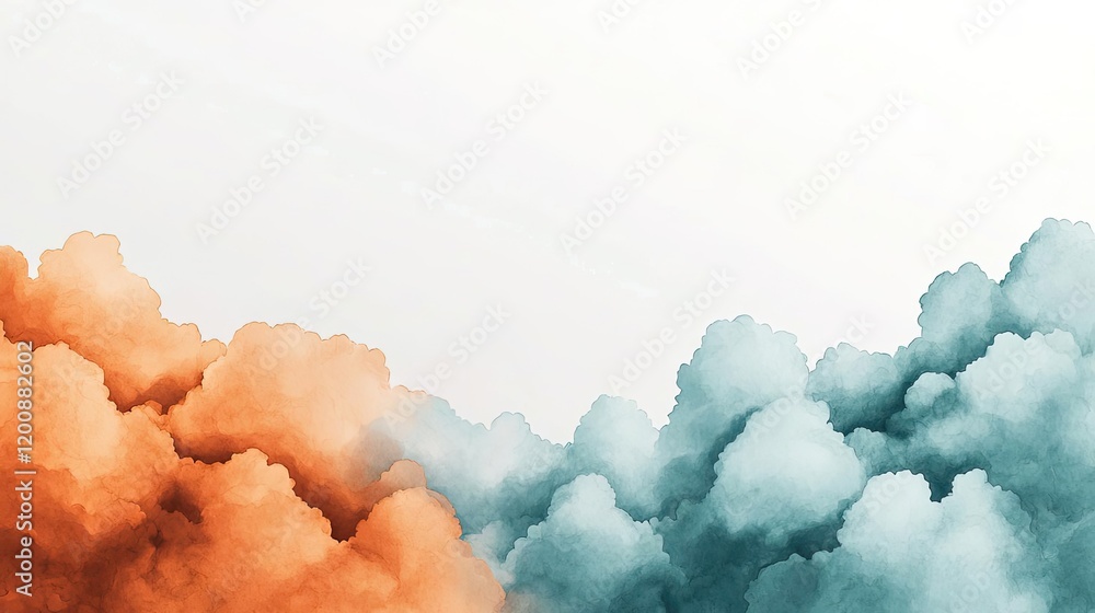 Poster clouds watercolor idea. vibrant abstract clouds in orange and teal colors on a light background.