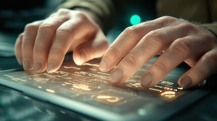 close up of cybersecurity developer hands typing on futuristic digital interface, showcasing glowing holographic elements and advanced technology