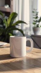 Simple White Mug on Wooden Table Surrounded by Indoor Plants