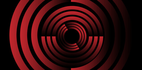 Black abstract background with circle lines spiral with copy space in the center. Ideal for modern design templates and backgrounds. Optical illusion tunnel with black and orange pattern.  vector. 