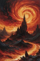 芸術的な筆遣いで描かれたカオスな地獄の風景が緊張感を伝える作品.生成AI