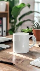 Cozy workspace with a white mug and greenery in bright sunlight