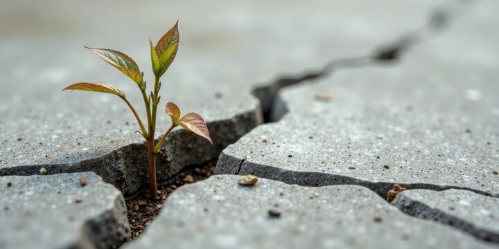 A resilient sprout bravely emerges from a fractured pavement, symbolizing nature's tenacity and the persistent power of life to overcome adversity and find a way to thrive in challenging conditions.