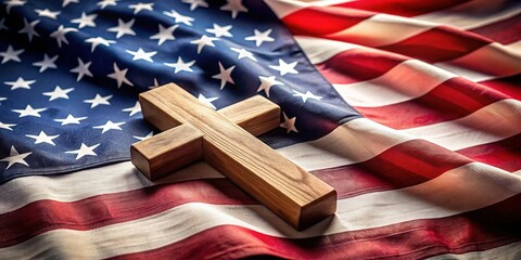 American Flag and Wooden Cross: Symbol of Faith and Patriotism Stock Photo