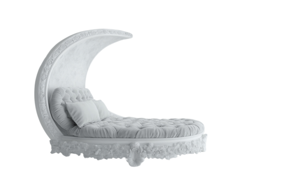  A white lunar-themed bed with gray satin fabric, a high headboard, and a footboard. Isolated on a transparent background