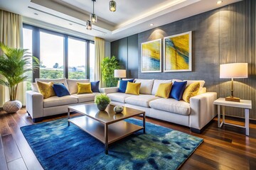 Modern Living Room Interior Design: White Sofa, Blue & Yellow Pillows, Navy Rug