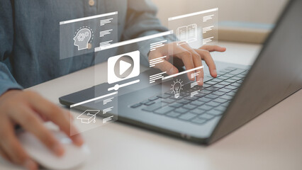 Concept of Online Education. Men use Online education training and e-learning webinars on the internet for personal development and professional qualifications. Digital courses to develop new skills.