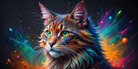 Night Photography: Colorful Maine Coon Cat Portrait, Paint Splatter Art