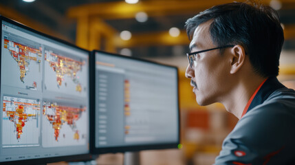 close up of logistics manager monitoring global supply chain data on multiple computer screens in modern warehouse environment
