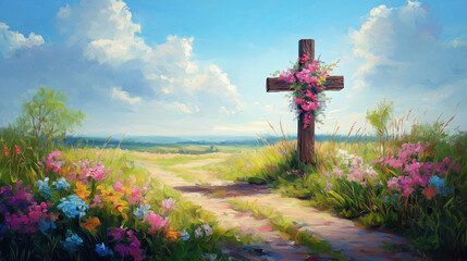 Vibrant wildflowers surrounding rustic wooden cross under blue sky. Easter, Pascha, Paskha, Ostern, Pascua, Paques - Orthodox and Catholic Holiday celebration
