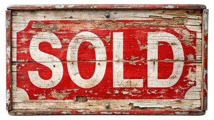 Rustic Red & White Sold Sign on Wooden Post - Transparent Background Clipart