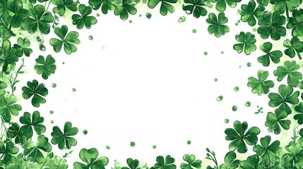 Fototapeta premium Festive shamrock border with green clovers and leaves on white background. Saint Patrick's Day, St Paddy's Day, St Patty's Day - Irish National Holiday and Cultural Celebration