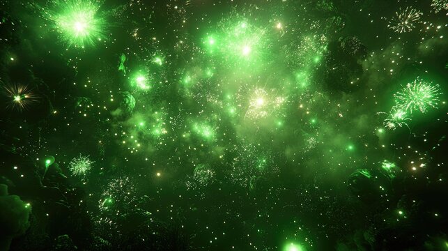 Vibrant green fireworks display illuminating night sky. Saint Patrick's Day, St Paddy's Day, St Patty's Day - Irish National Holiday and Cultural Celebration - Powered by Adobe