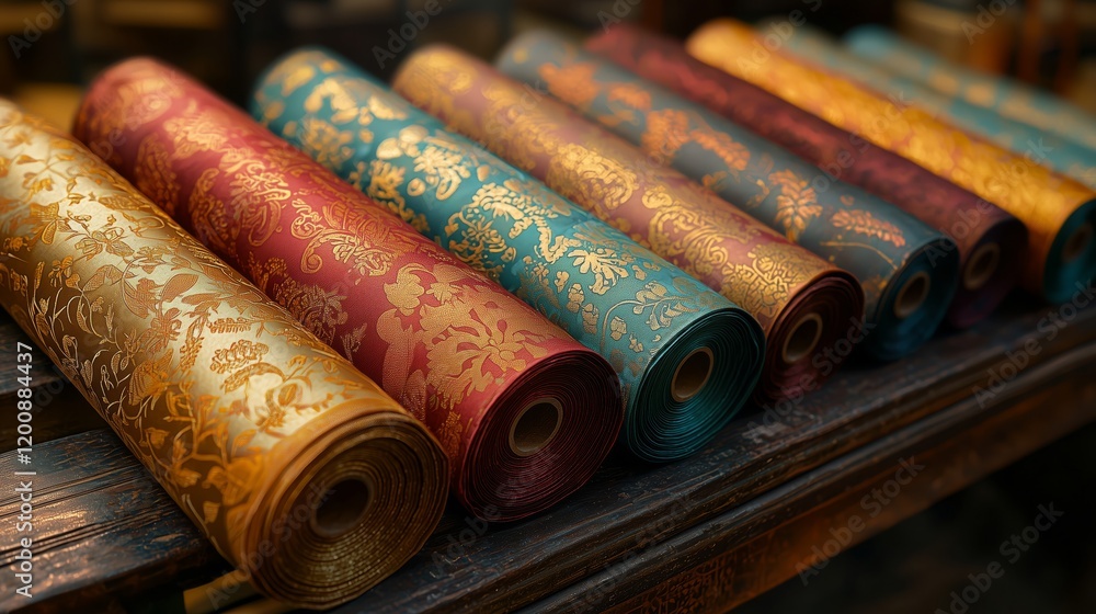 Poster colorful rolls of decorative fabric with intricate patterns displayed