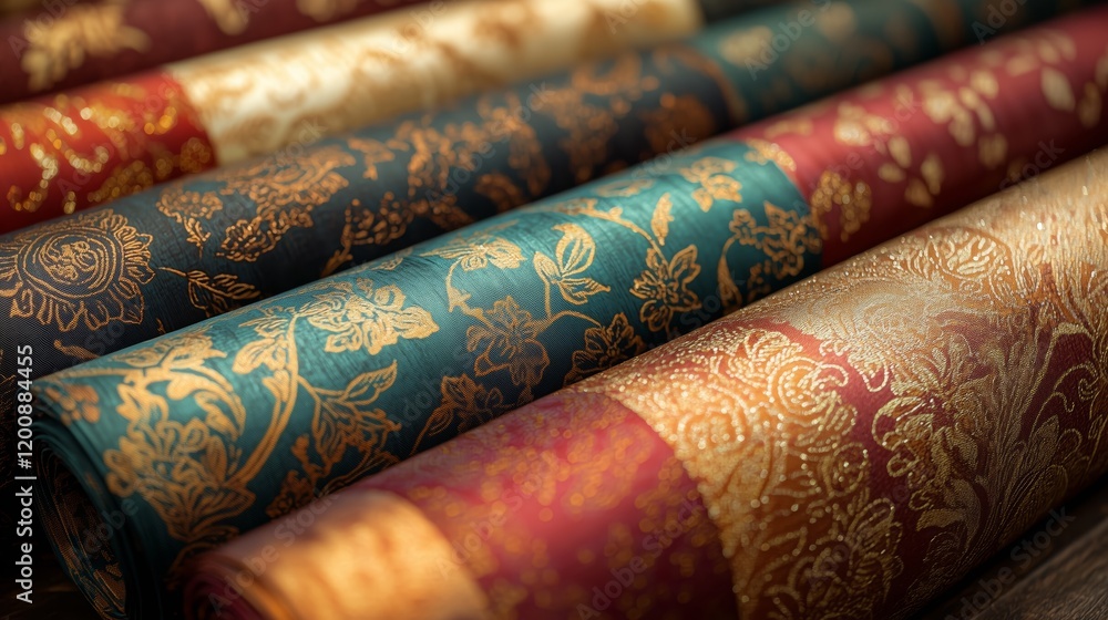 Poster colorful rolls of textured fabric with intricate patterns and designs