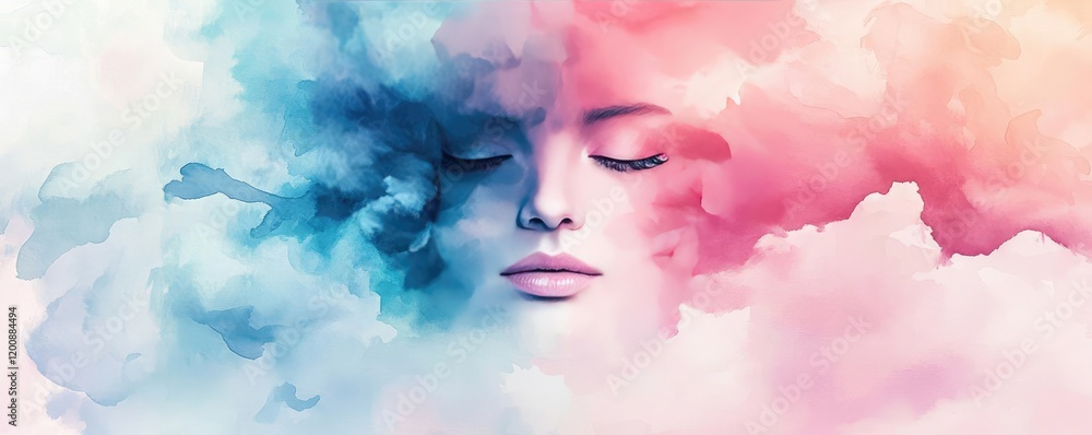 Poster Clouds watercolor idea. A surreal representation of tranquility and emotion through colorful clouds and a serene face.