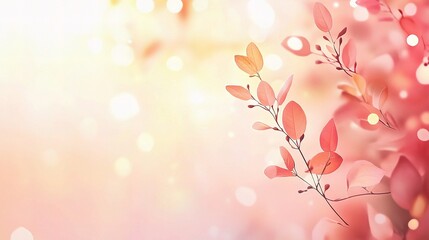 Fototapeta premium Blossom in Pastel Glow: A serene scene of delicate leaves and petals in soft shades of pink and gold, bathed in a dreamy, bokeh-filled light.