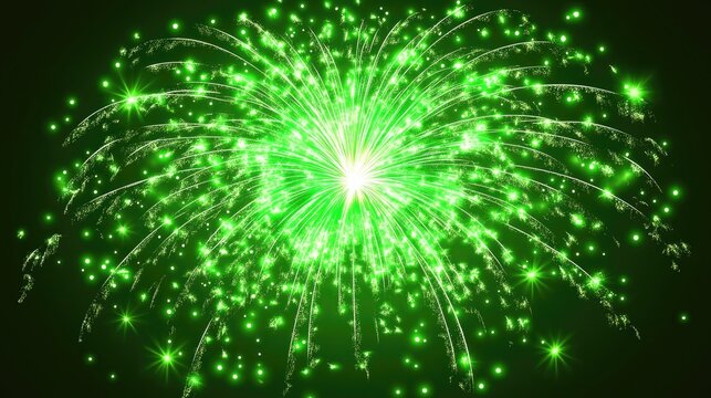 Green fireworks explosion in night sky with bright sparkling lights. Saint Patrick's Day, St Paddy's Day, St Patty's Day - Irish National Holiday and Cultural Celebration