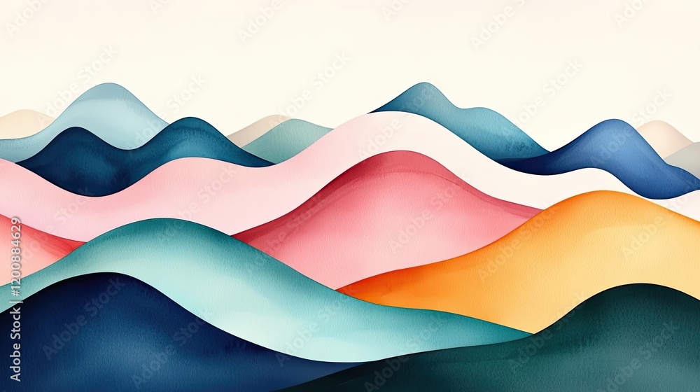 Poster Blurred watercolor idea. Abstract waves in soft colors create a serene and modern atmosphere for design projects.