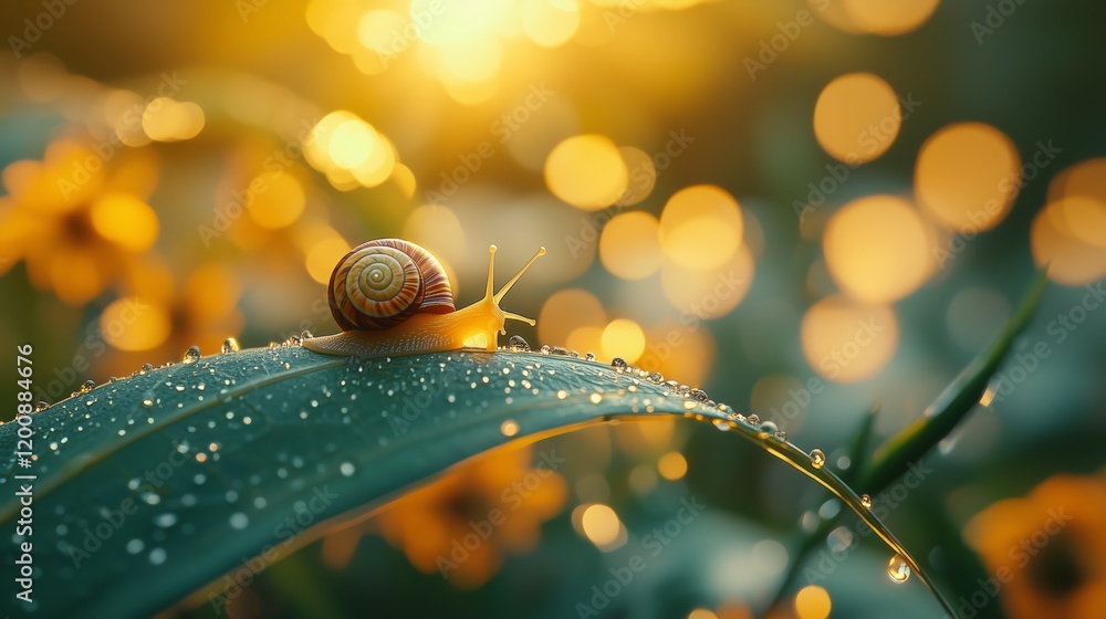 Poster snail crawling on leaf with dew drops and golden bokeh background