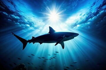 Silhouette of Great White Shark Hunting Underwater - Dramatic Wildlife Stock Photo