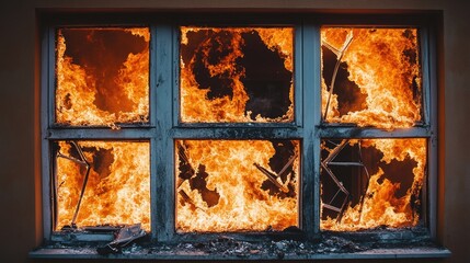 Intense flames engulf building window in disturbing urban fire scene