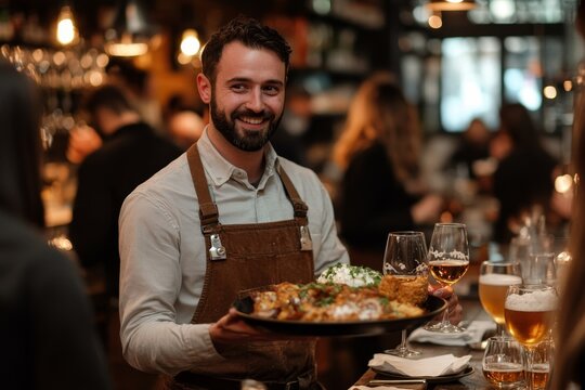 Happy waiter serving food to group of friends who are dinking beer in a bar. Generative AI