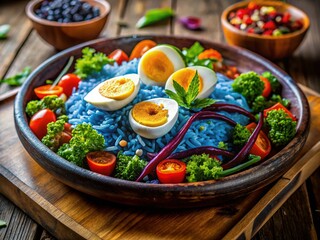 Vibrant Asian Blue Rice Bowl with Boiled Eggs & Fresh Herbs - Stock Photo