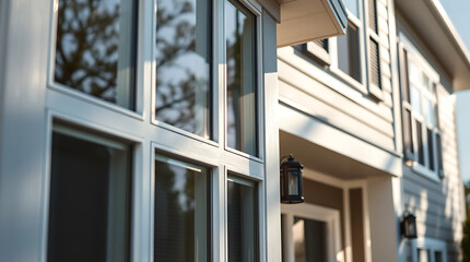 Fototapeta premium Modern House Exterior with Grey Windows: Architectural Design and Real Estate Photography