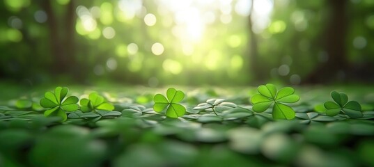 Four-leaf clovers in sunlit forest with green bokeh background. Saint Patrick's Day, St Paddy's Day, St Patty's Day - Irish National Holiday and Cultural Celebration