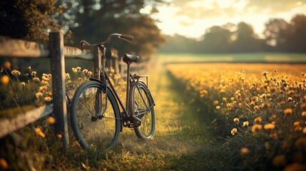 Obraz premium Serenity of a Bicycle Beside a Blooming Flower Field at Sunset