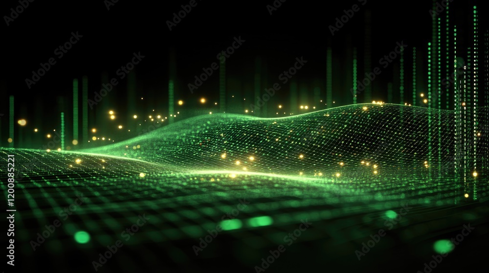 Poster futuristic green digital wave with glowing matrix grid and dynamic light patterns. saint patrick's d