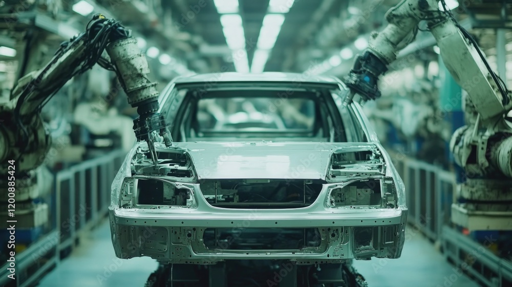 Poster robotic arms assembling a car in an automated factory