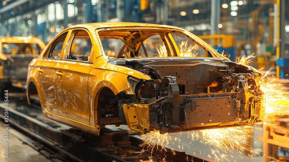 Poster automated welding in car assembly line with sparks in industrial factory setting