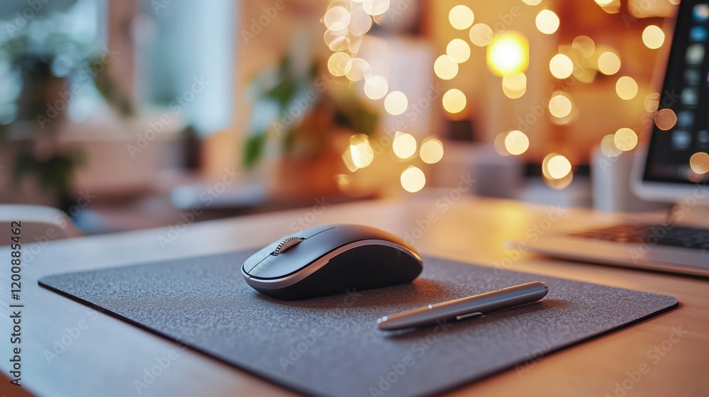 Poster modern workspace with computer mouse and blurred lights background