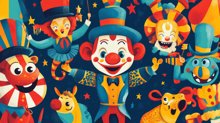 Obraz premium I spy game shapito circus characters, kids education activity. Find and count puzzle, maze and riddle, math worksheet vector template with cartoon circus clowns, magician, acrobat, snake charmer