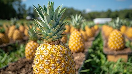 Fresh pineapples growing in a sunny field: vibrant harvest and natural fruit farm