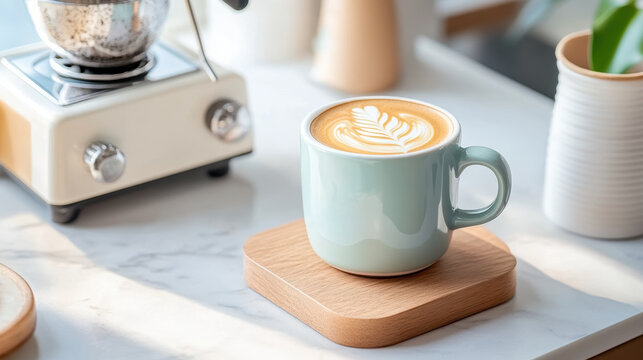 high angle shot of latte in minimalist ceramic mug with latte art, placed on wooden coaster on marble surface, surrounded by soft natural light and cozy coffee setup